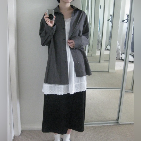 [SOLD] Unique Korean Grey Unbalanced Button Up Shirt with Ribbons - Picture 4 of 10